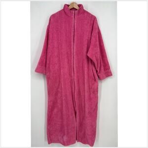 Vtg Herbcraft Chenille Housecoat Robe Fuchsia Pink O/S Zip Dressing Gown FLAW